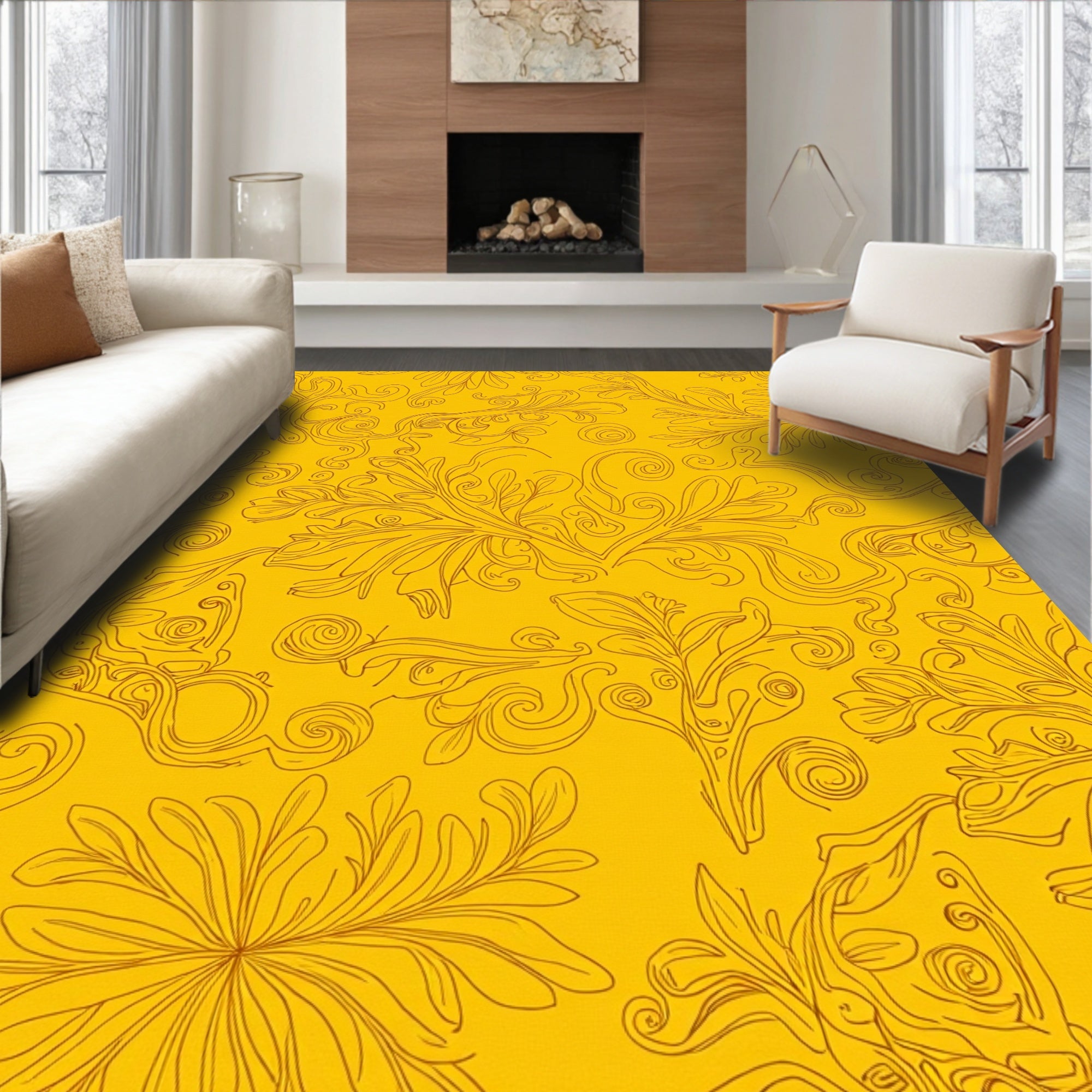 Golden Floral Swirl Pattern Rug