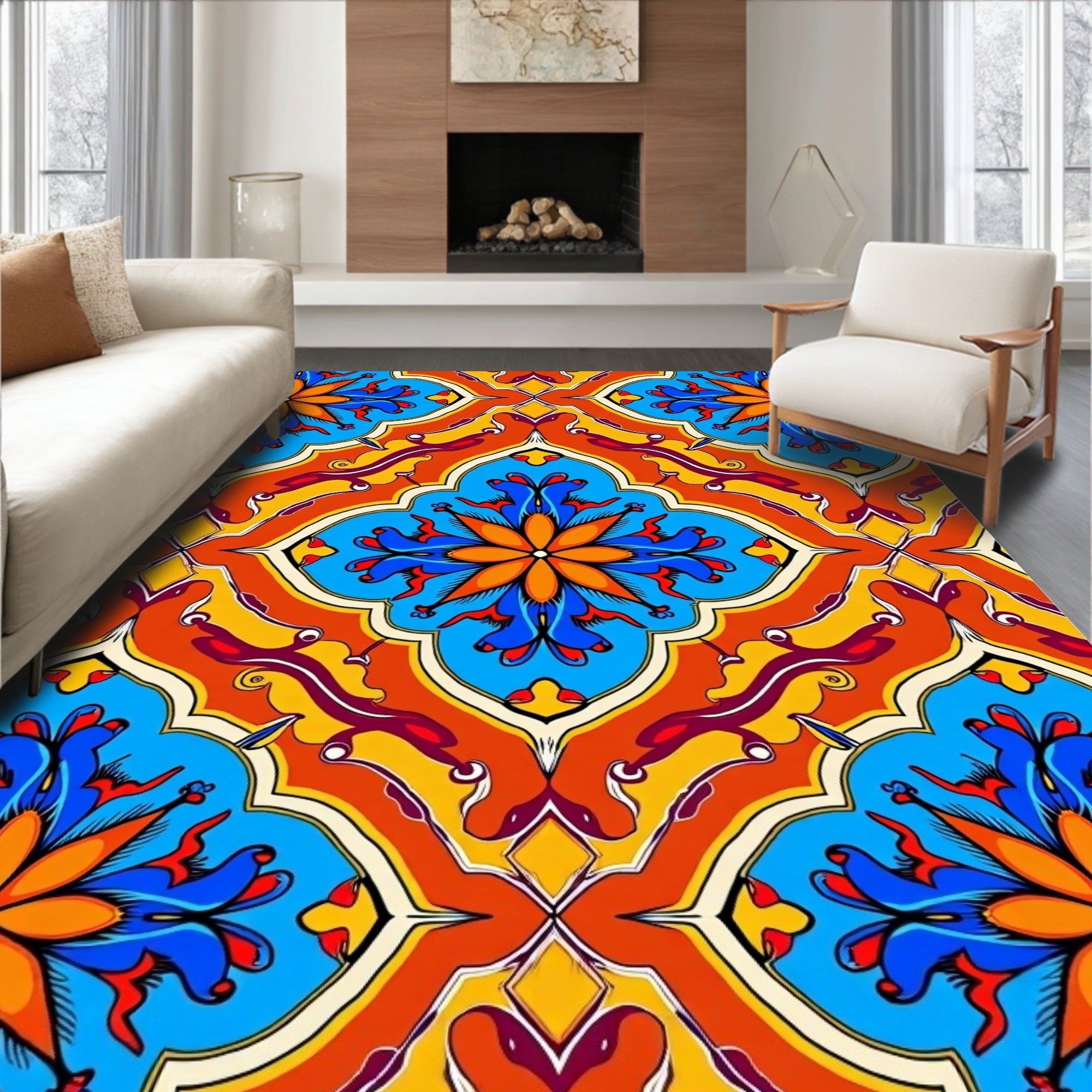 Vibrant Blue Orange Floral Pattern Rug