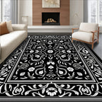 Elaborate Floral Scrollwork Black White Rug