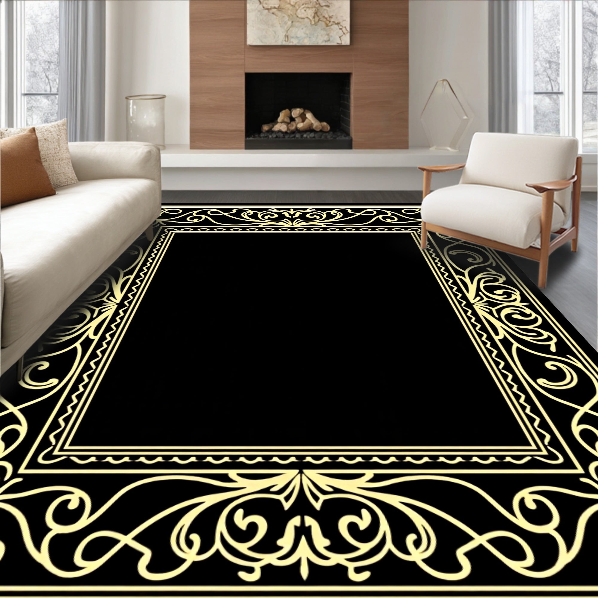 Ornate Flourish Decorative Border Design Rug