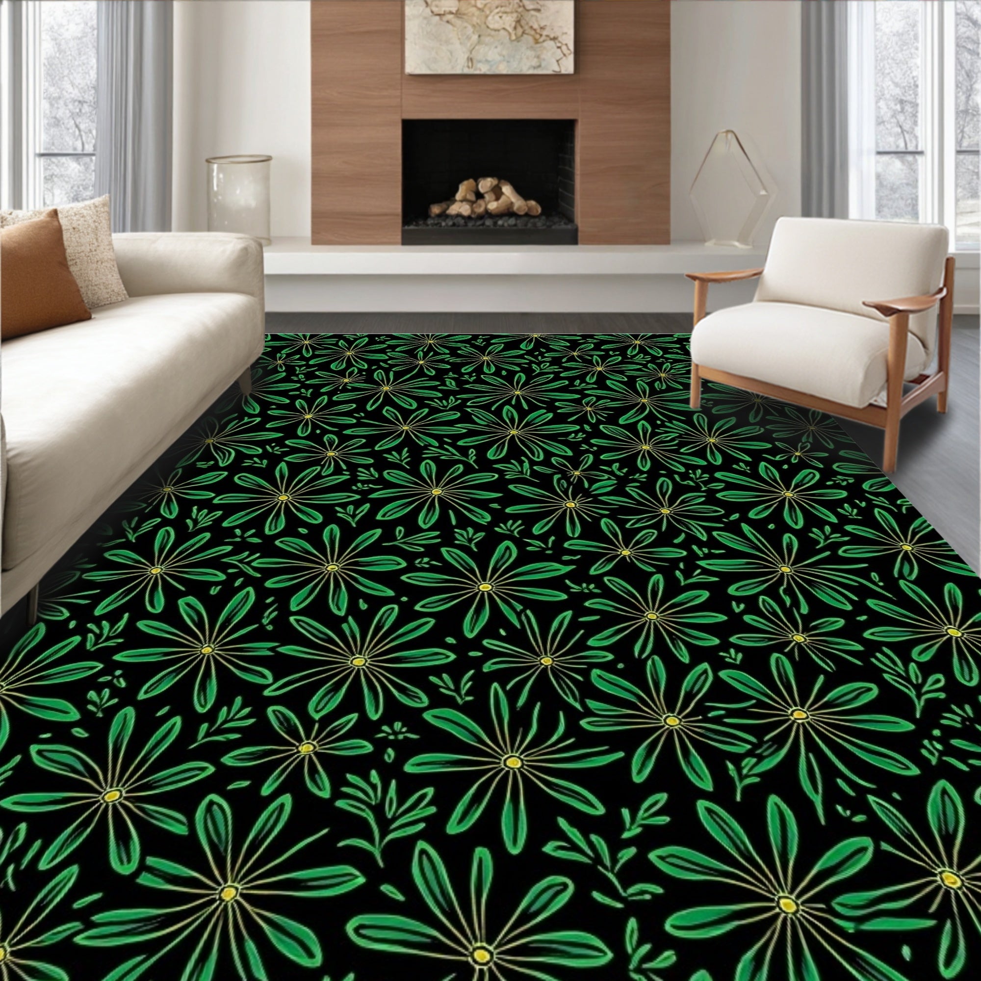 Green Floral Scatter Garden Rug