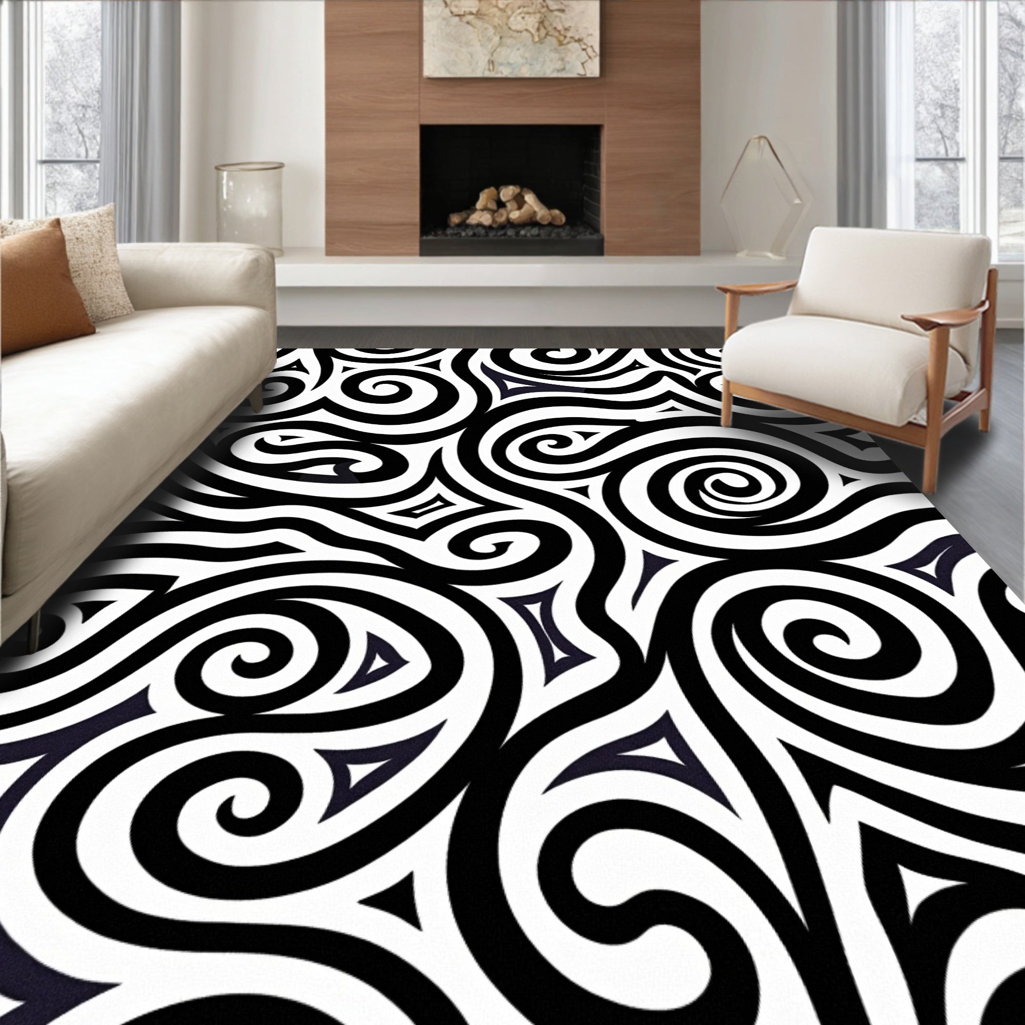 Bold Black White Abstract Swirl Rug