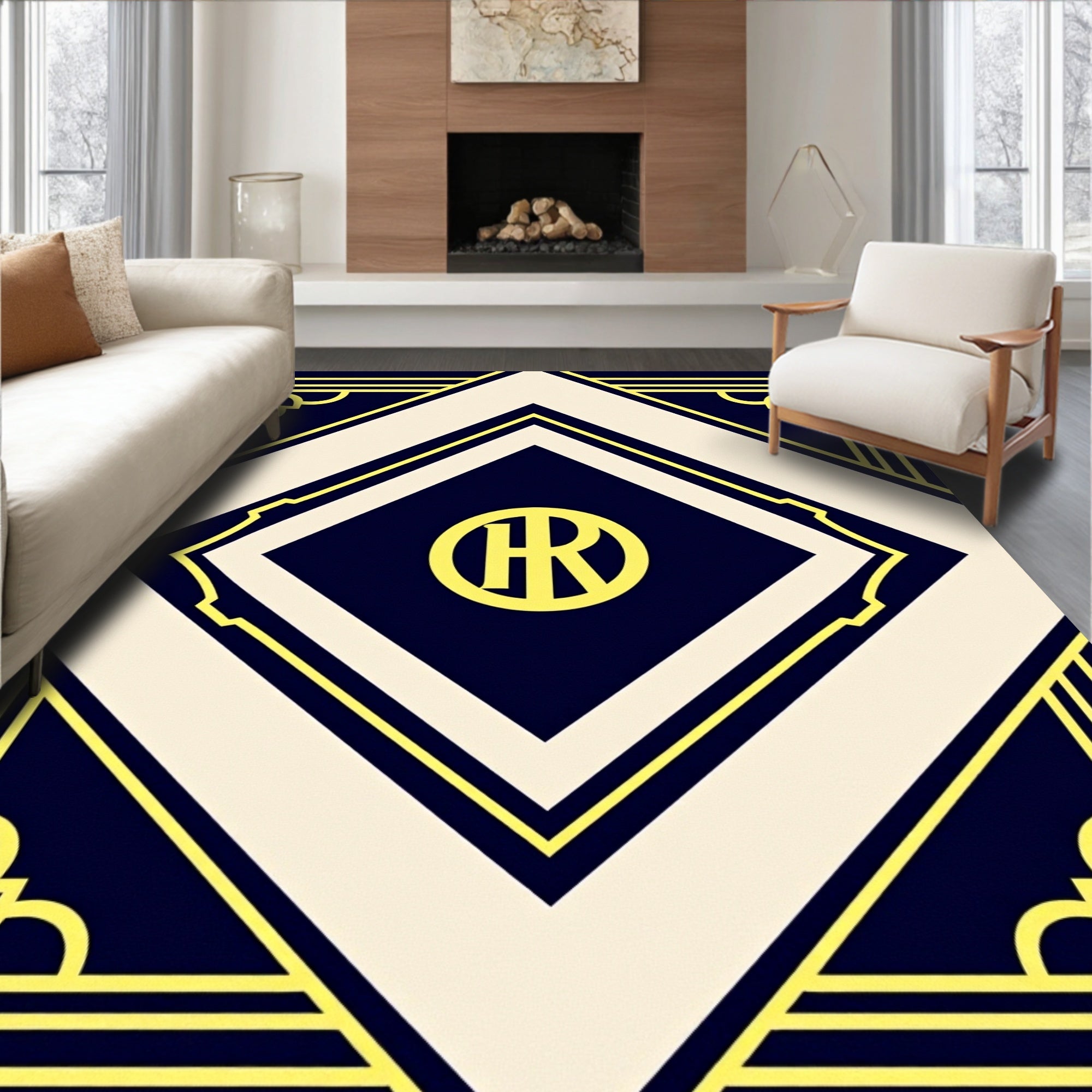 Art Deco Style Navy Cream Geometric Rug