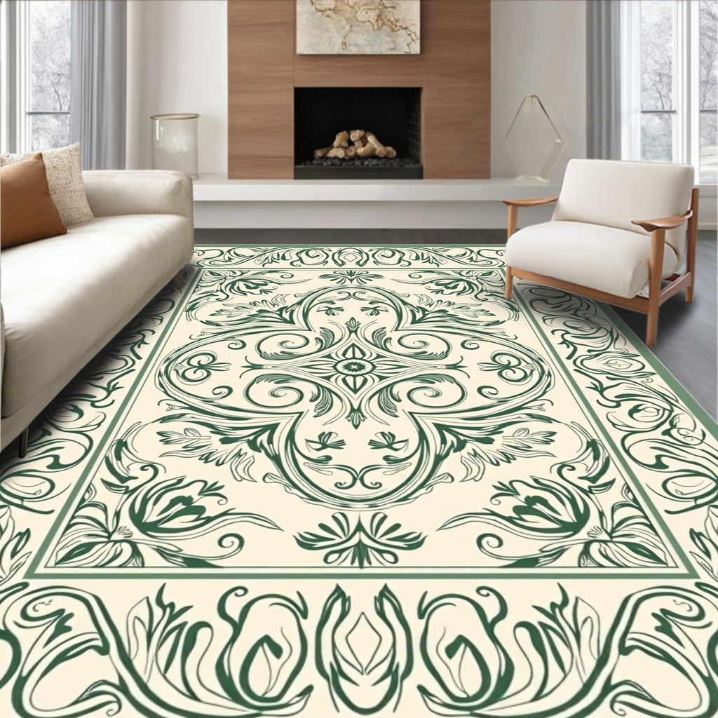 Elegant Green Floral Scrollwork Design Rug