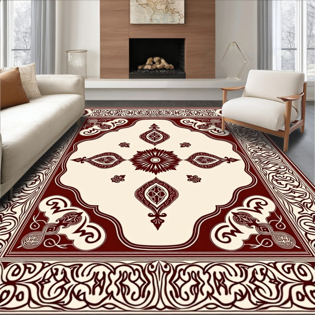 Intricate Red And Cream Symmetry Design Rug
