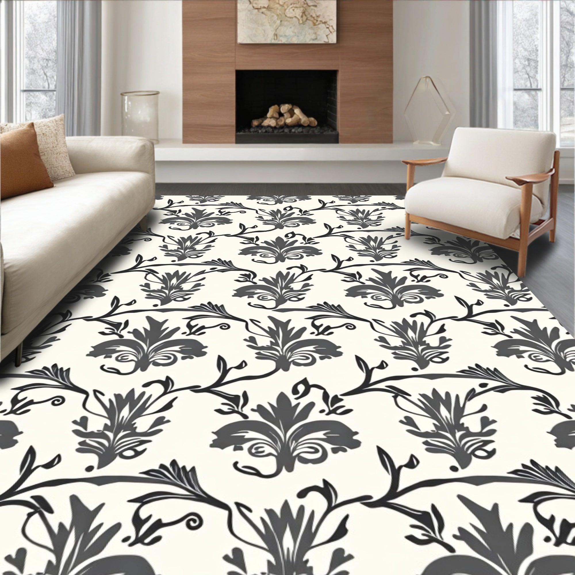 Classic Damask Floral Vine Pattern Rug