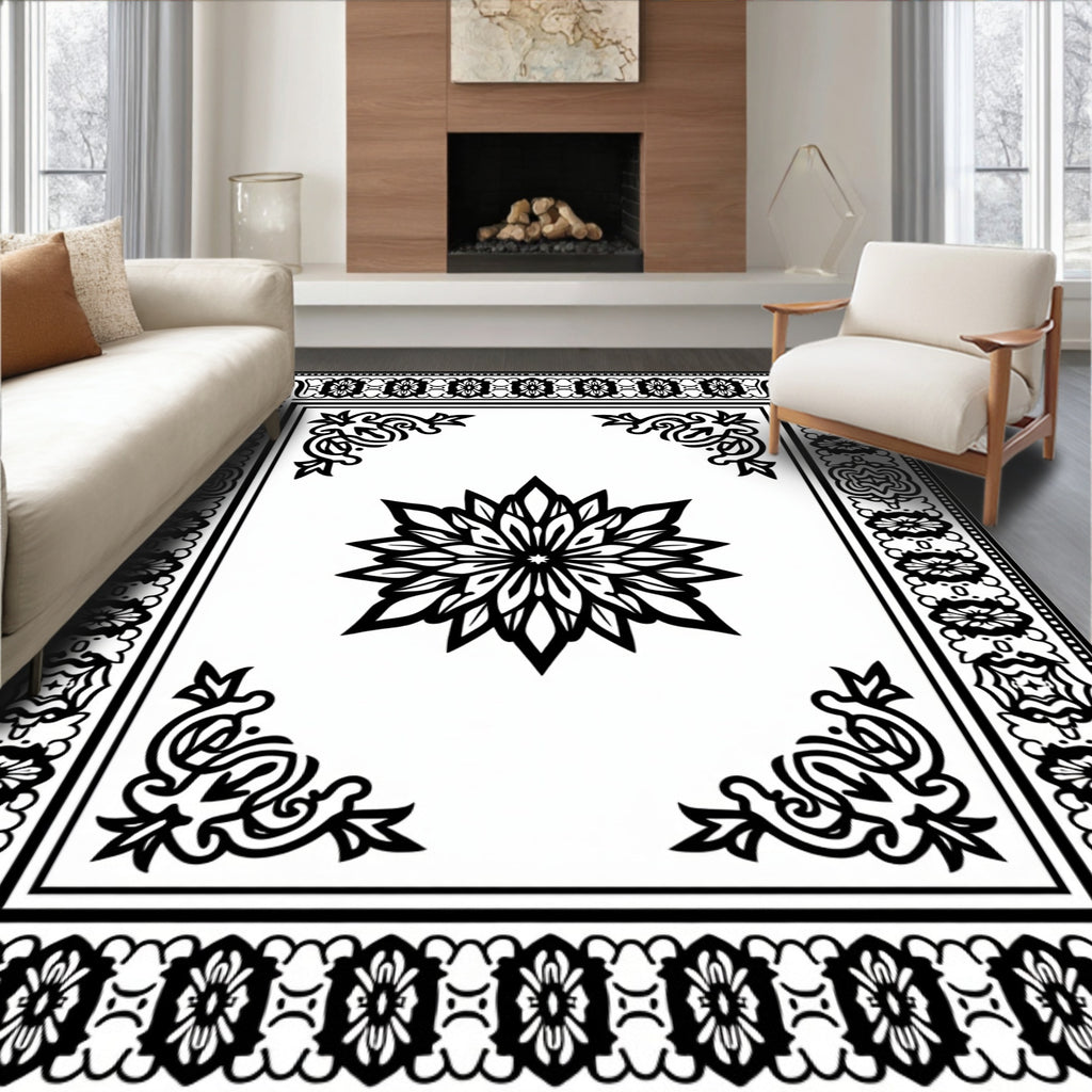 Ornate Black and White Mandala Design Rug