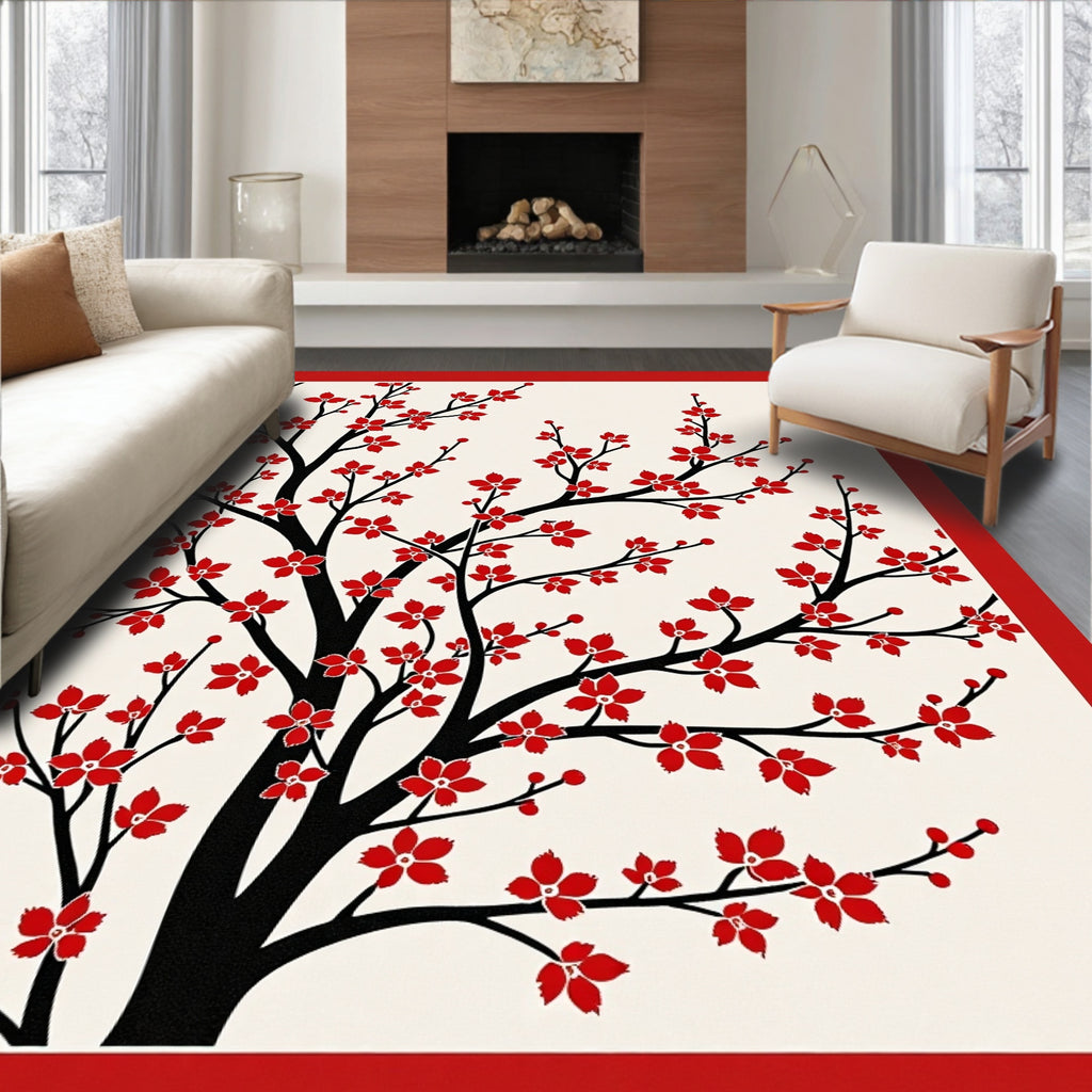 Red Blossom Tree Branch Pattern Rug
