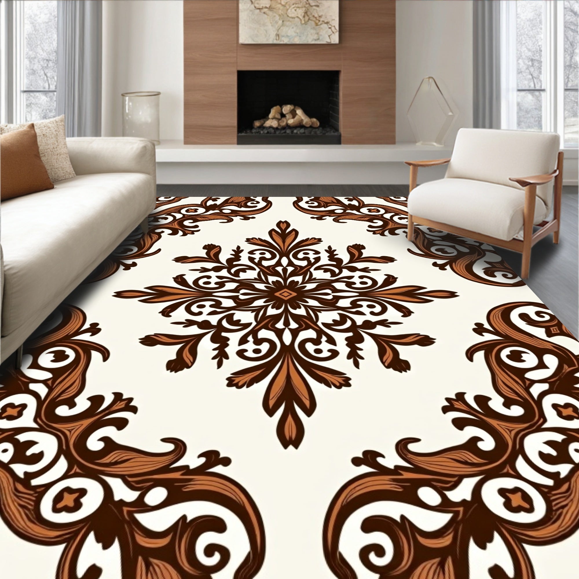 Brown Traditional Floral Medallion Design Rug