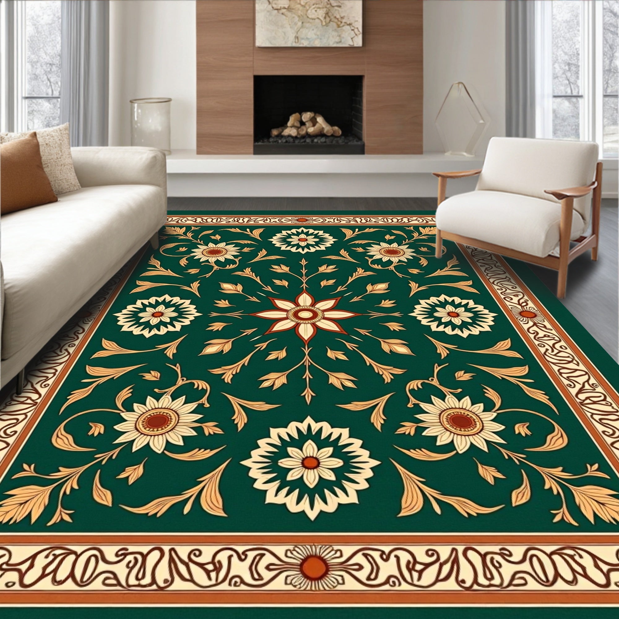 Emerald Green Floral Medallion Border Rug
