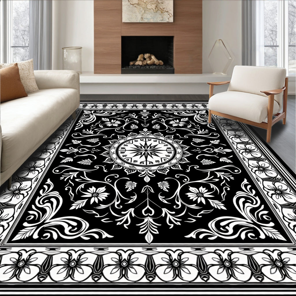 Intricate Floral Mandala Black White Design Rug