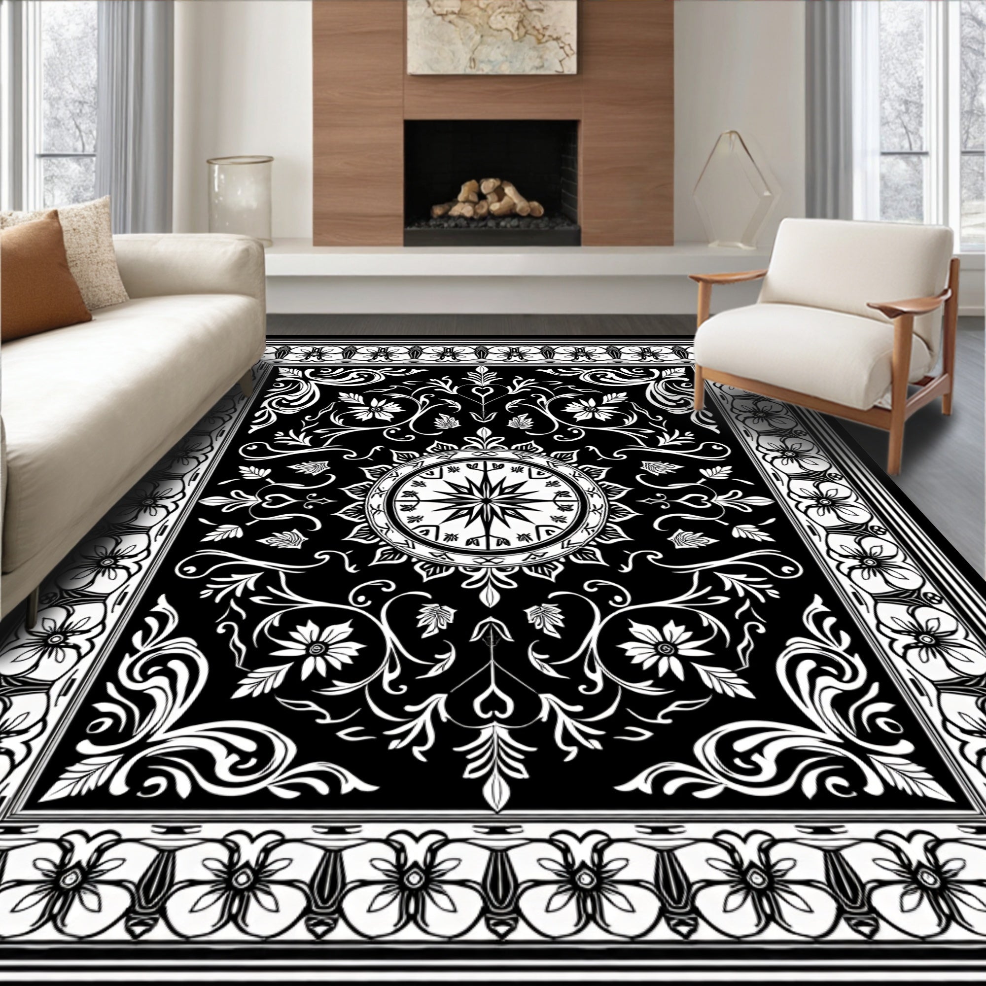 Intricate Floral Mandala Black White Design Rug