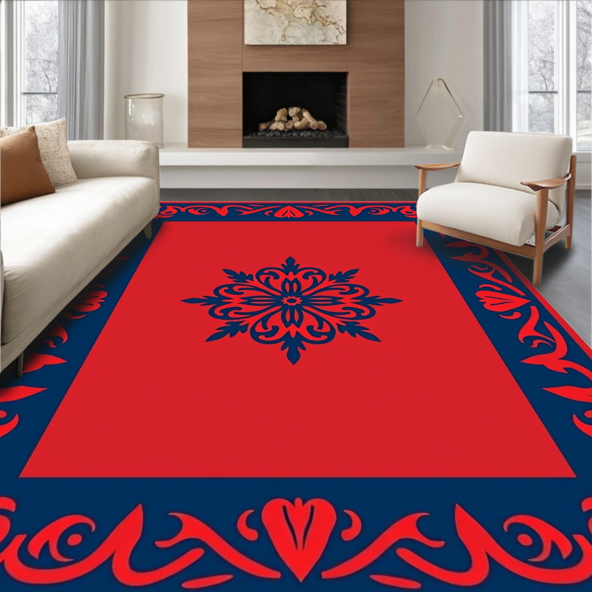 Red Blue Floral Medallion Border Rug