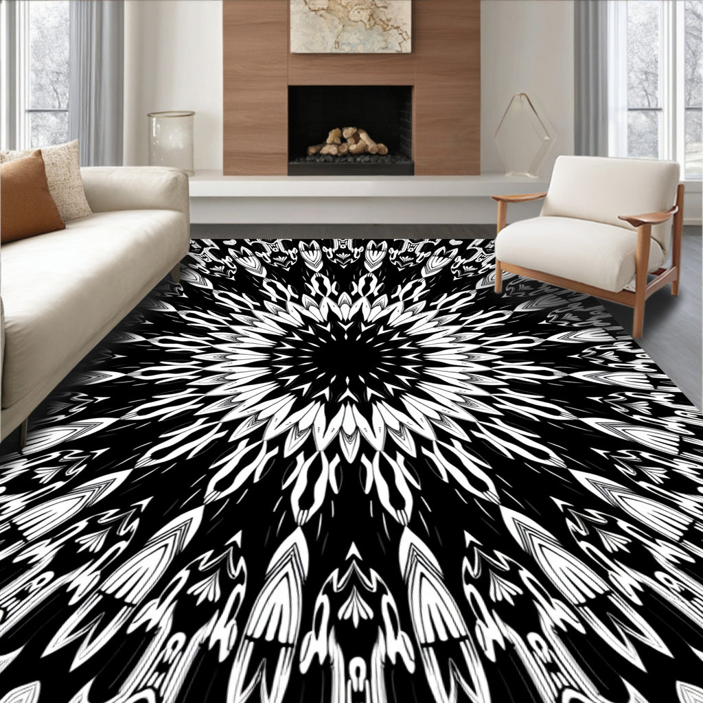 Bold Black White Radial Pattern Rug