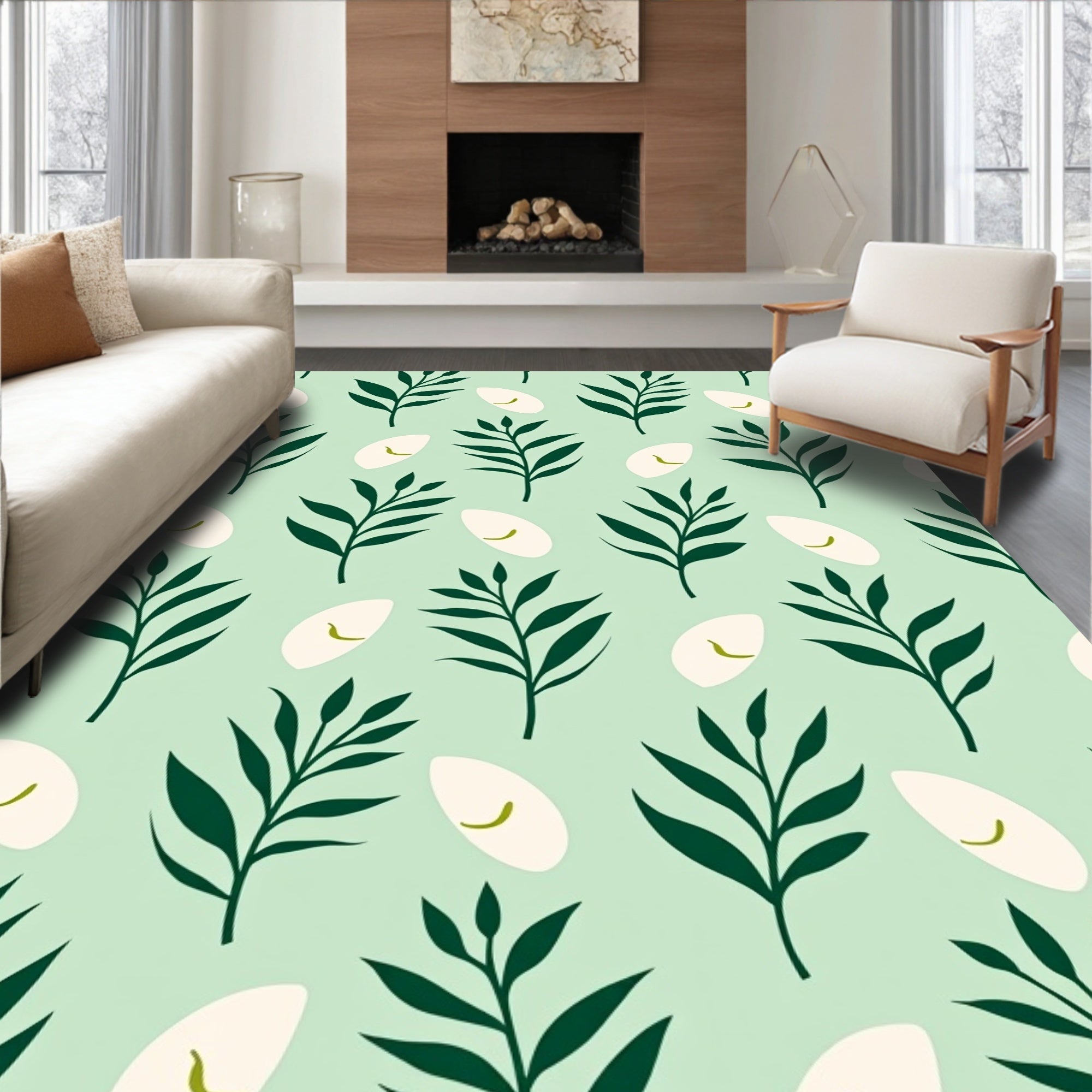 Emerald Green Leaf Boho Pattern Rug
