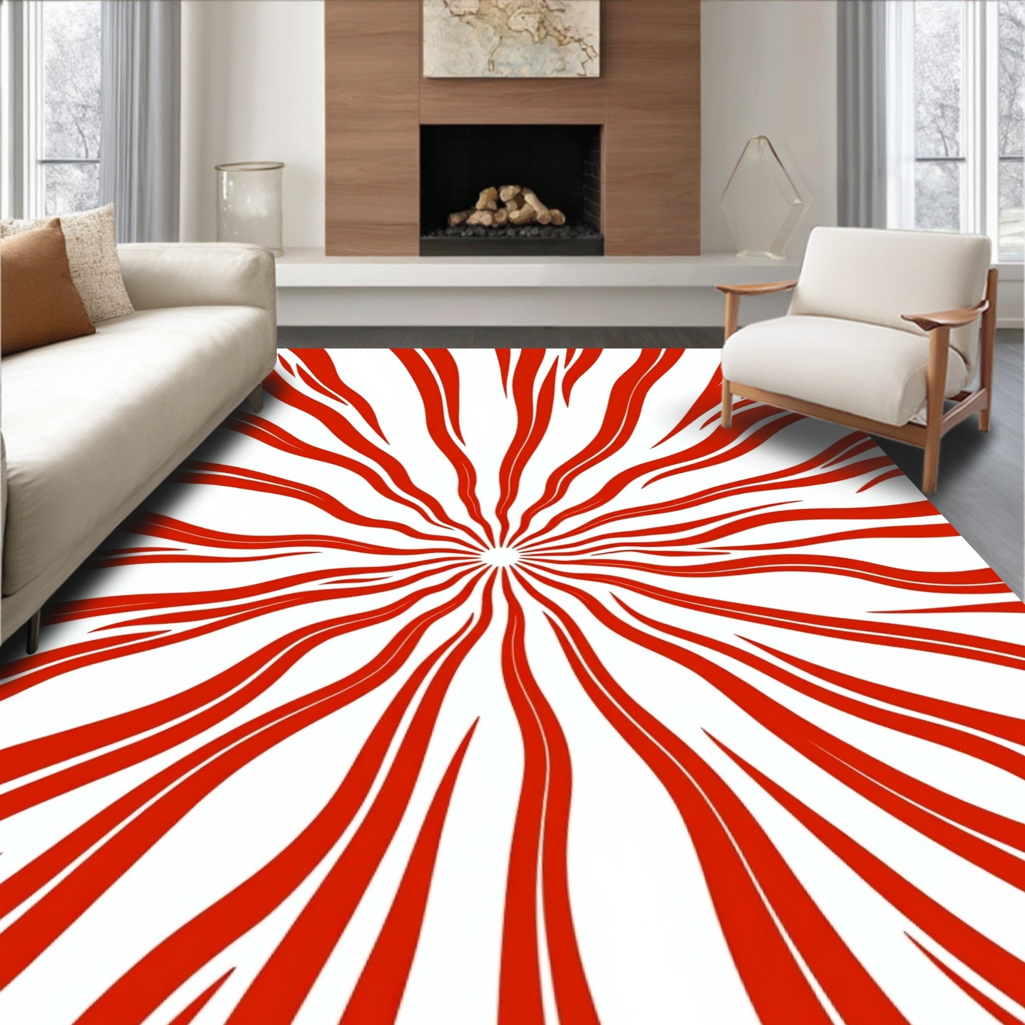 Radiating Red Wavy Lines Rug