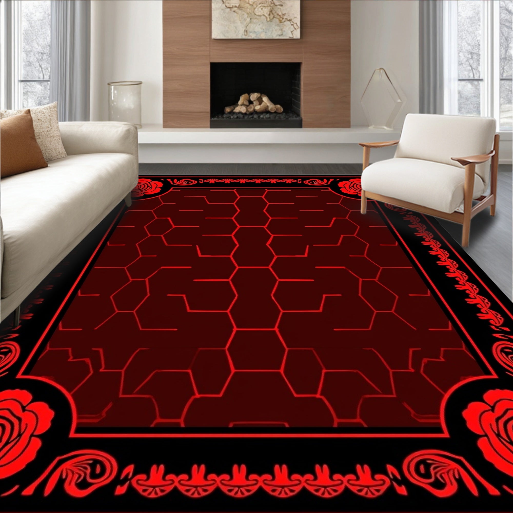 Red Rose Hexagonal Geometric Pattern Rug