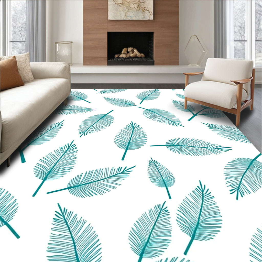 Elegant Teal Leaf Pattern Rug