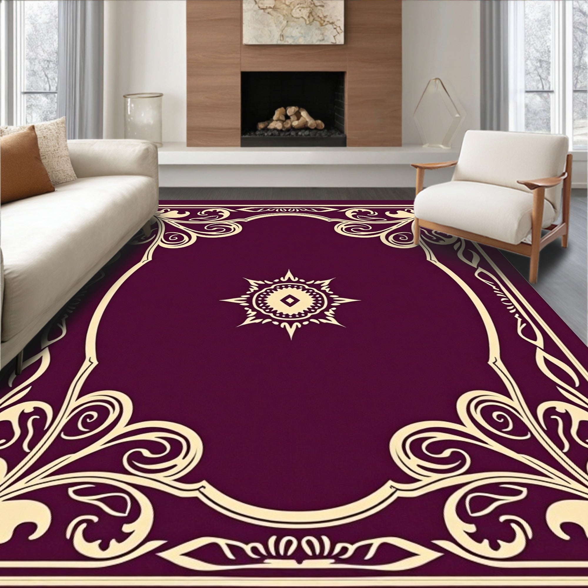 Elegant Floral Frame Circular Medallion Design Rug