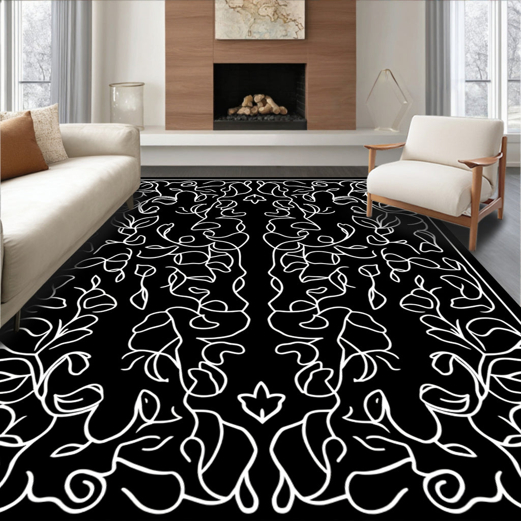 Symmetrical Line Art Floral Pattern Rug