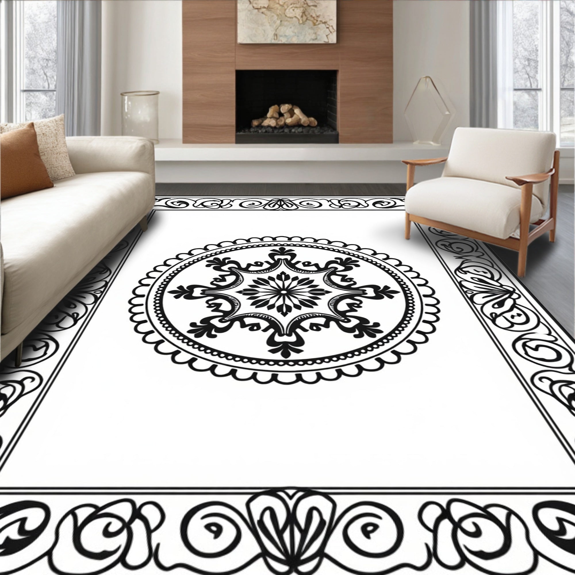 Ornate Round Floral Border Design Rug