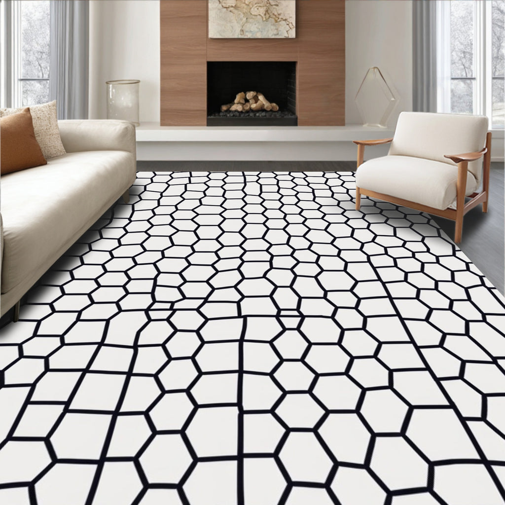 Black Geometric Honeycomb Pattern Rug