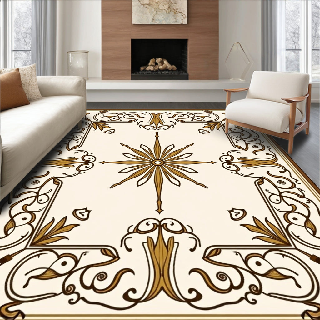 Ornate Brown Gold Floral Border Rug