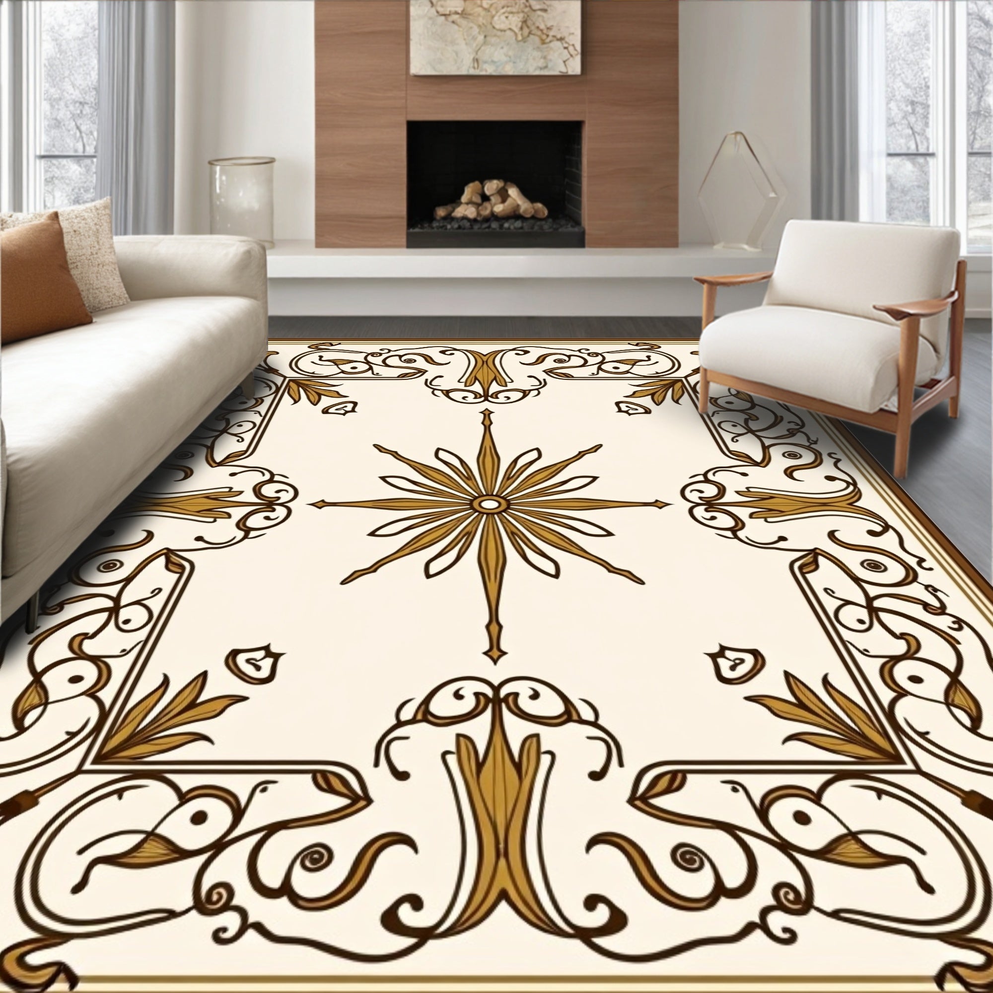 Ornate Brown Gold Floral Border Rug
