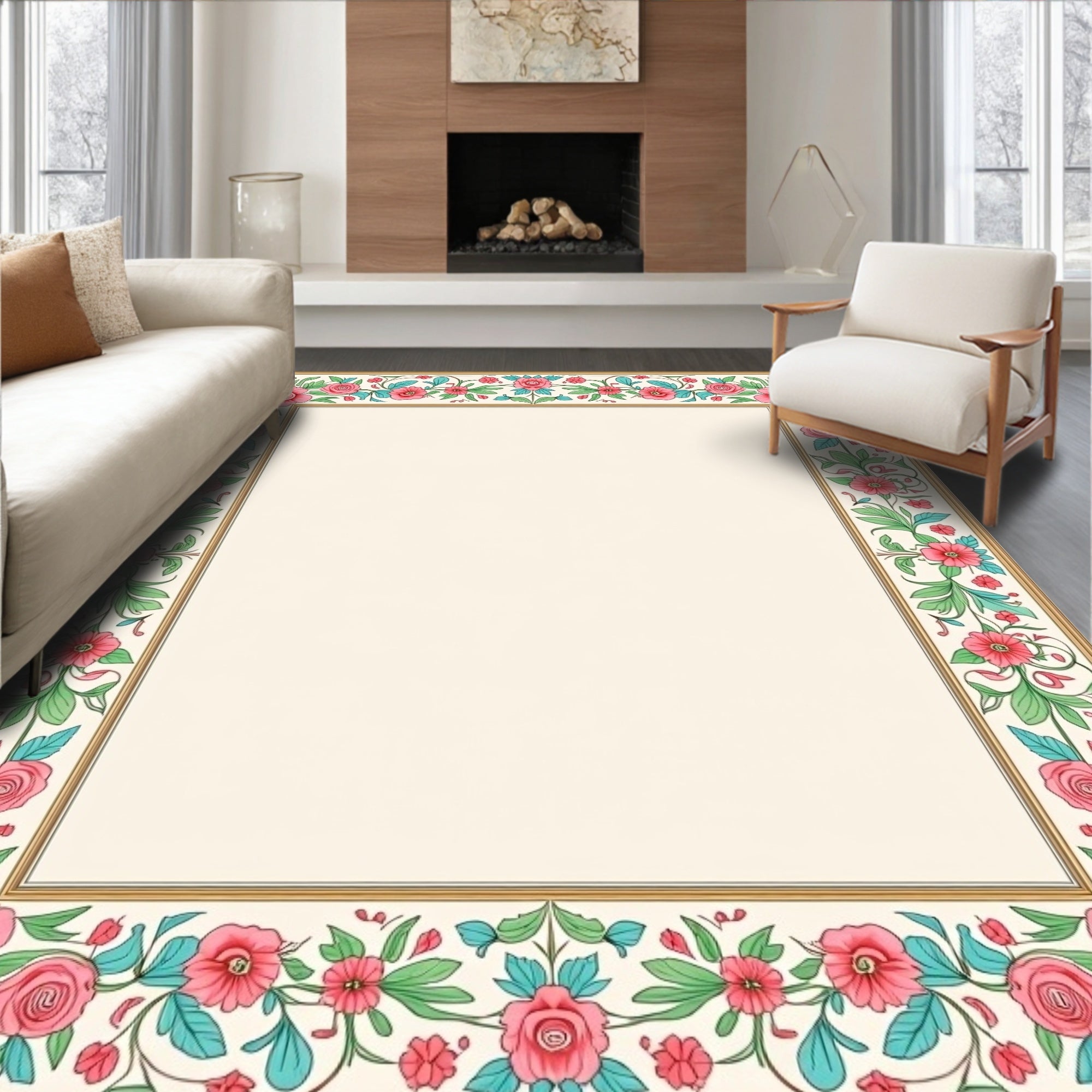 Pink Floral Vine Border Rug
