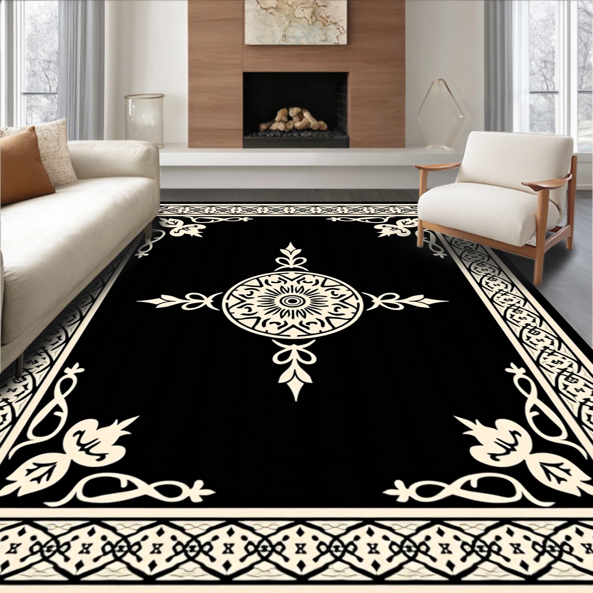 Elegant Floral Medallion Border Design Rug