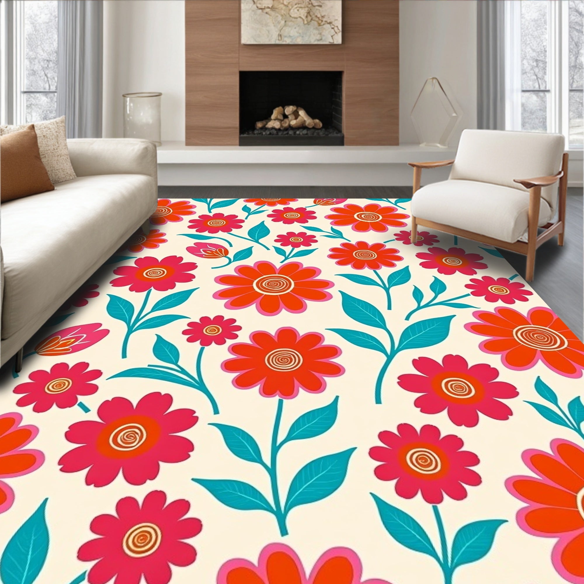 Groovy Floral Pattern With Teal Accents Rug