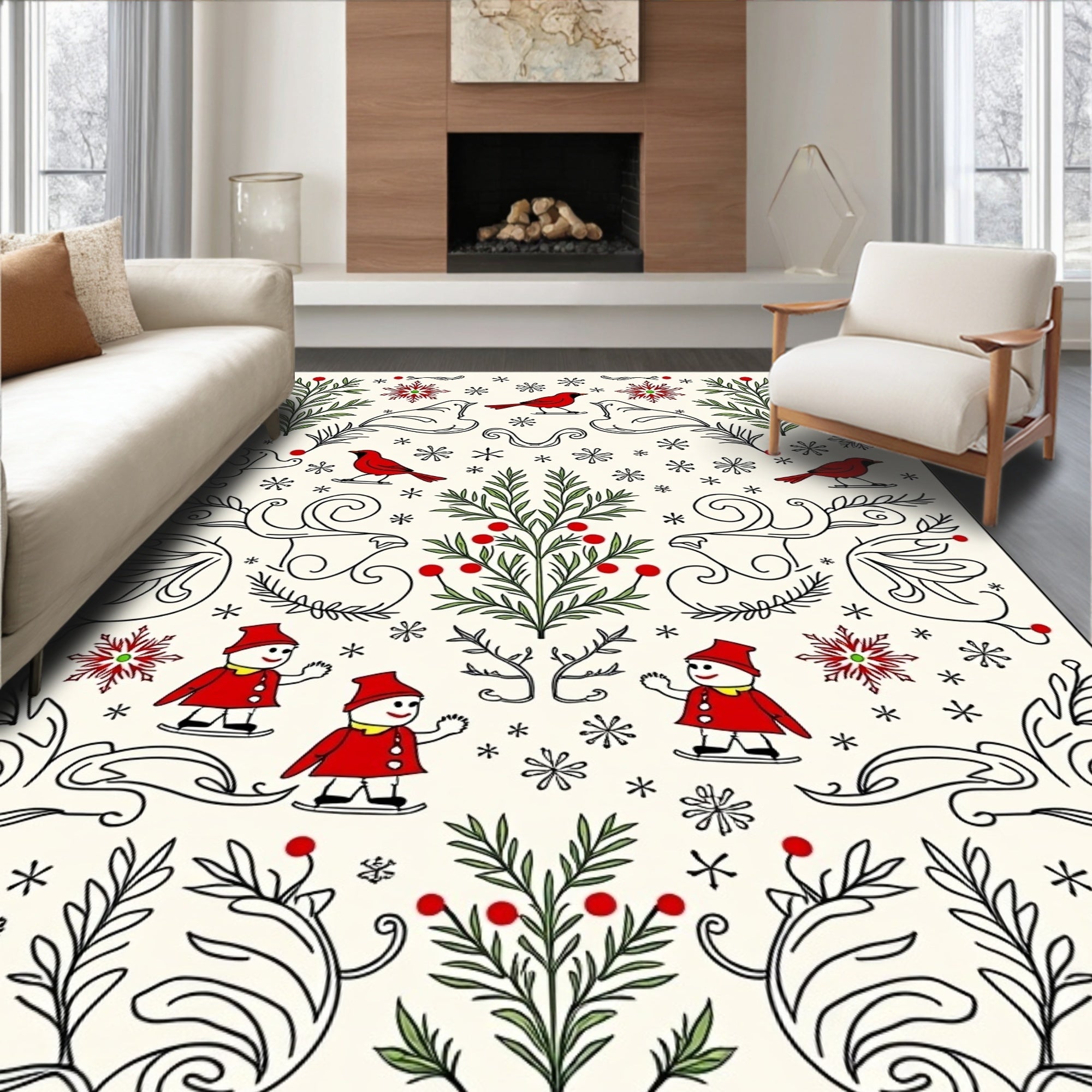 Whimsical Red Cardinal Snowman Skating Festive Rug