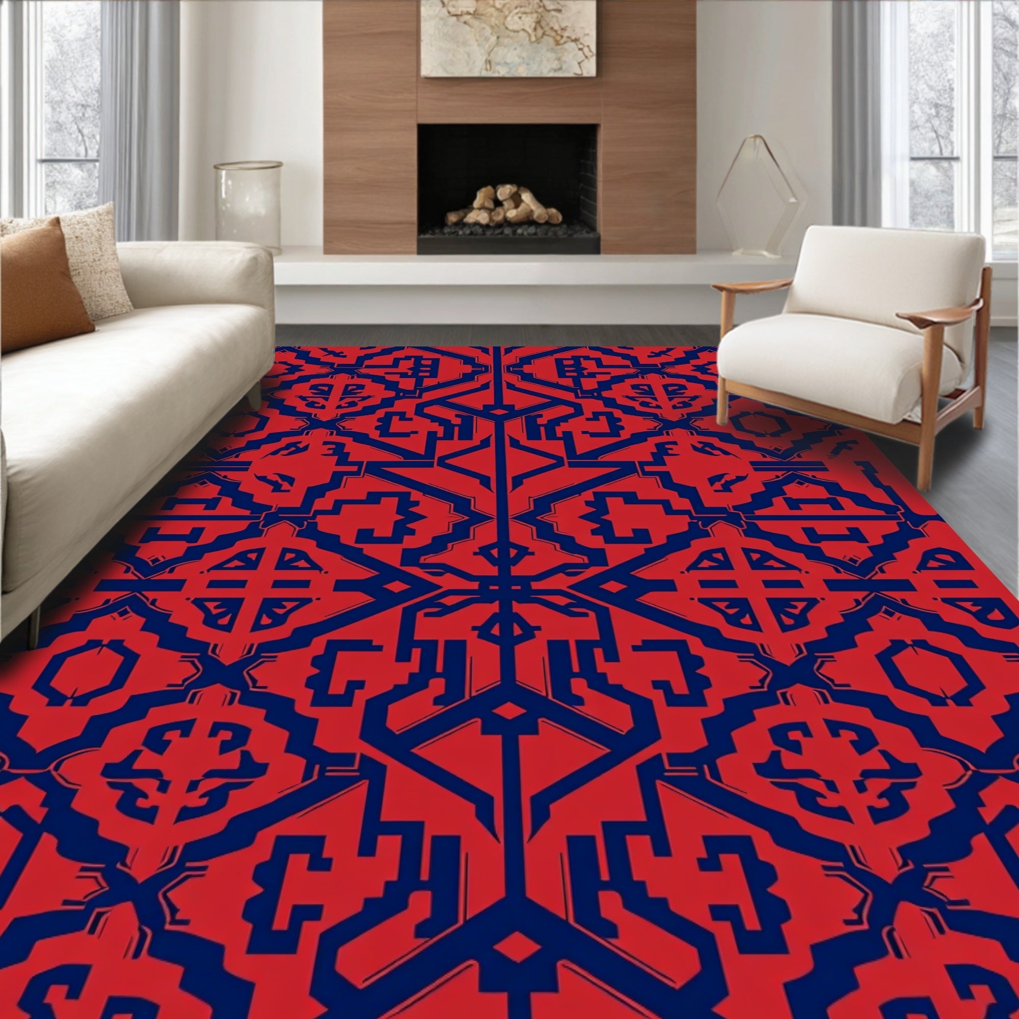 Red Blue Geometric Pattern Rug