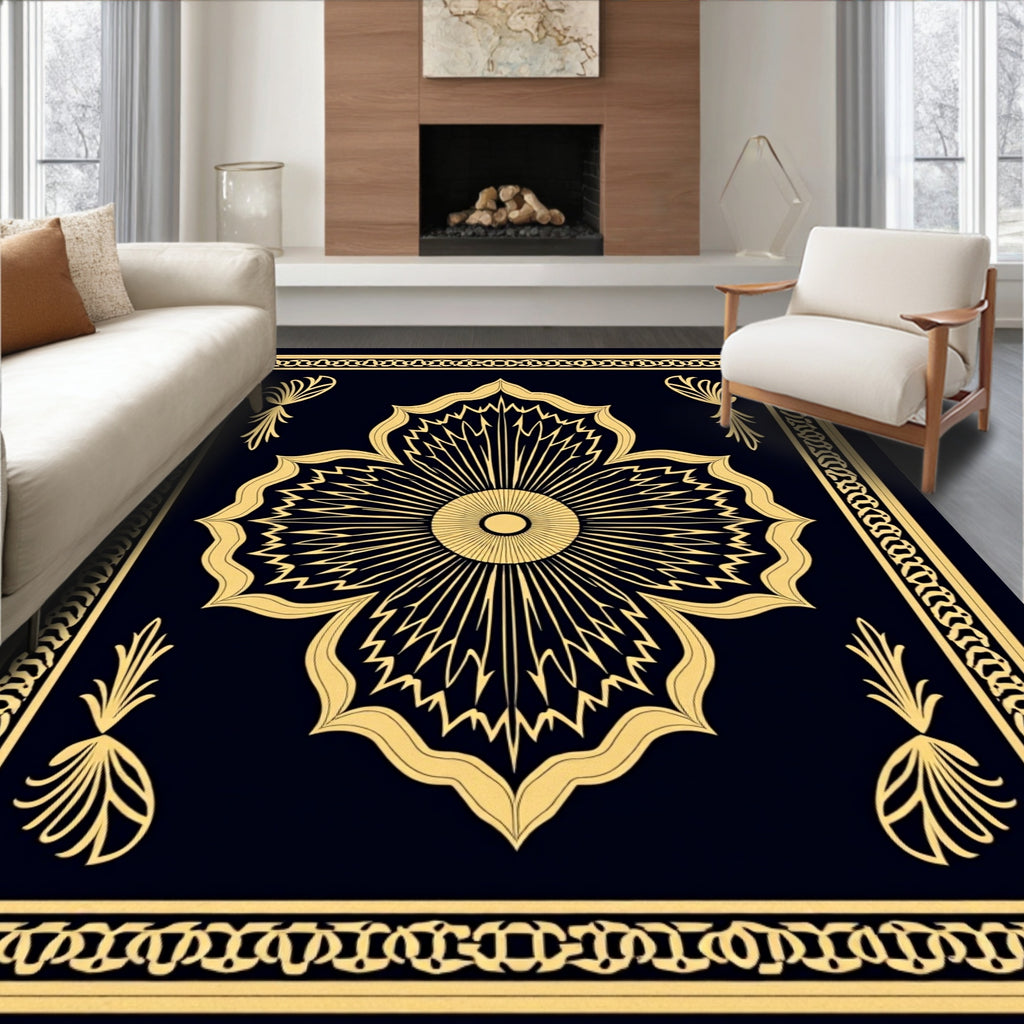 Black Gold Floral Scroll Design Rug