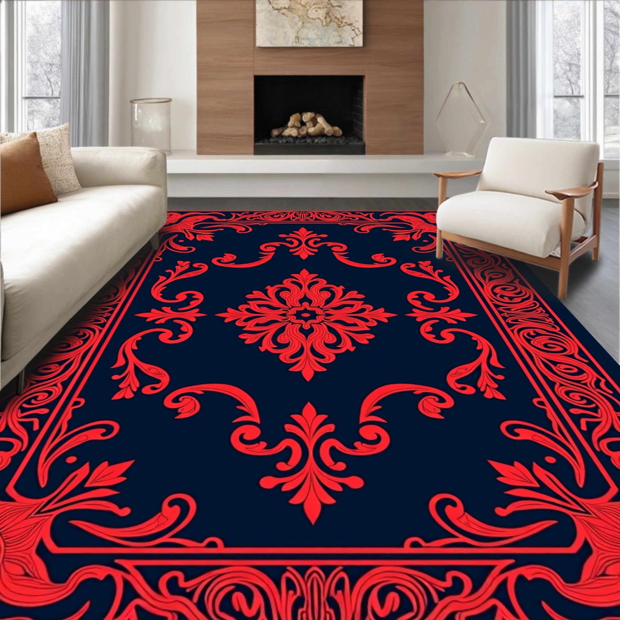 Red Floral Inspired Ornate Border Design Rug