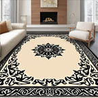 Intricate Black Floral Centerpiece Border Design Rug
