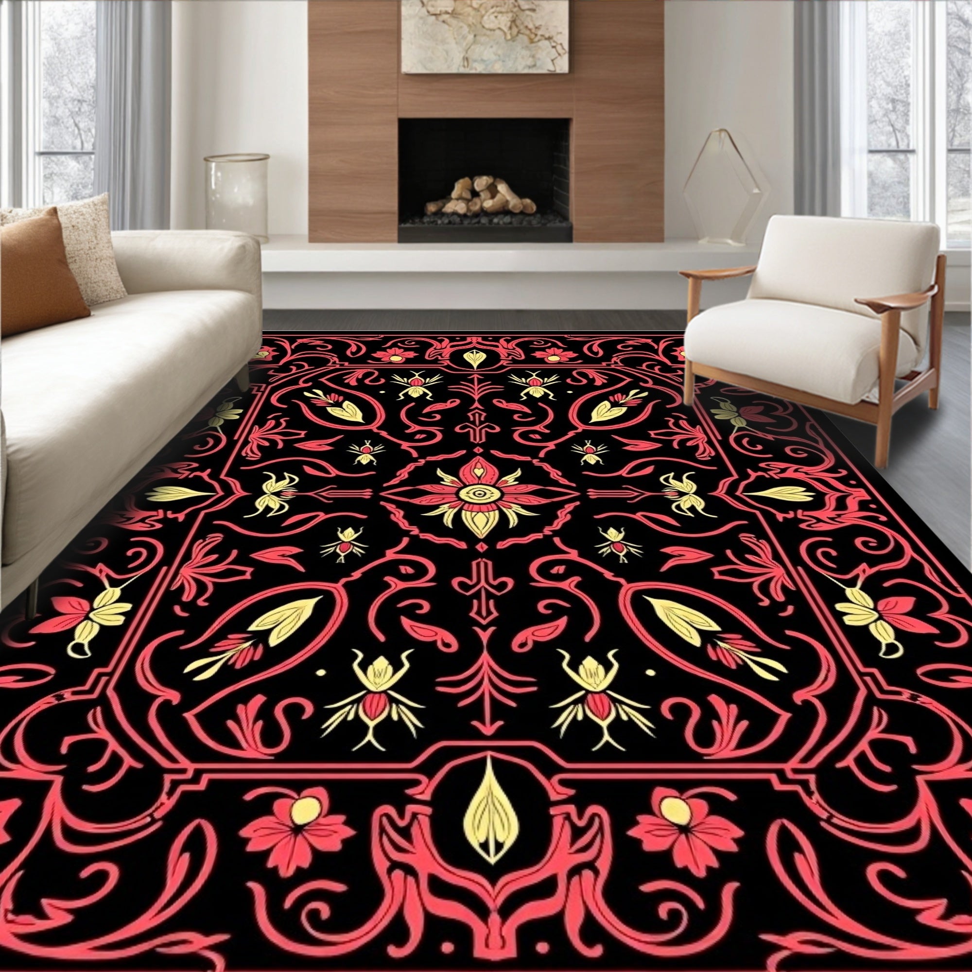 Crimson and Gold Floral Courtly Rug