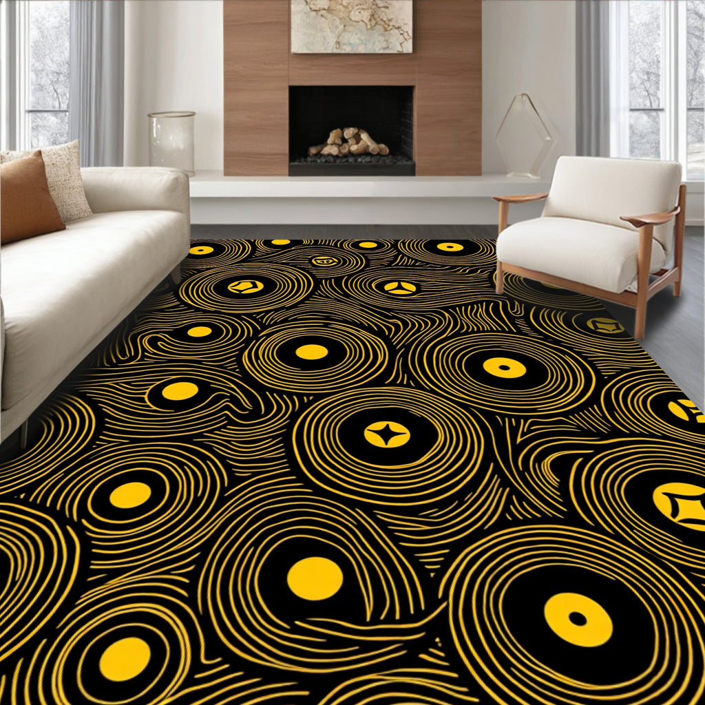 Yellow Circular Pattern In Black Rug