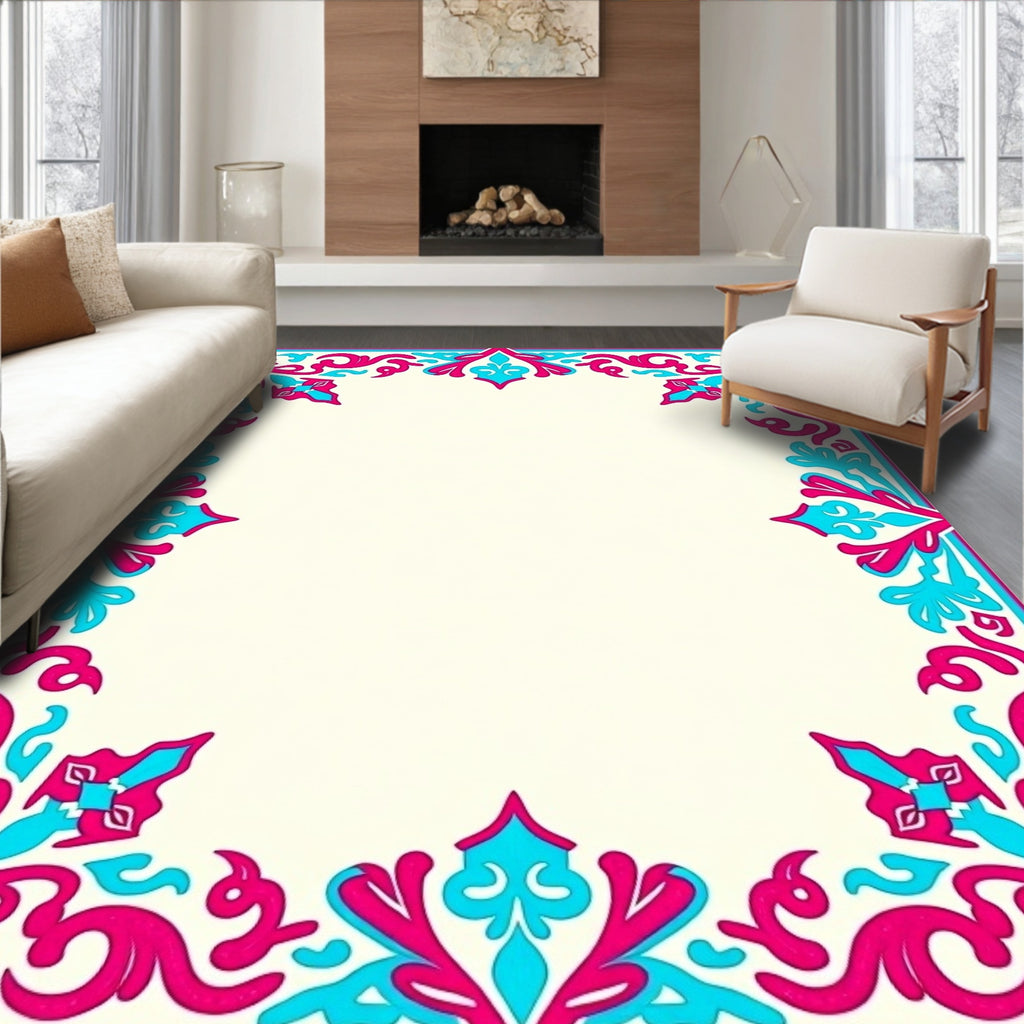 Vibrant Pink Cyan Floral Scroll Border Rug