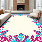 Vibrant Pink Cyan Floral Scroll Border Rug