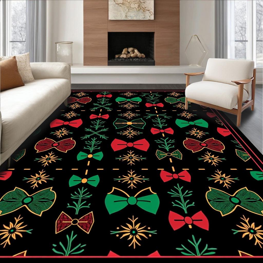 Holiday Bows and Snowflakes Red Green Rug