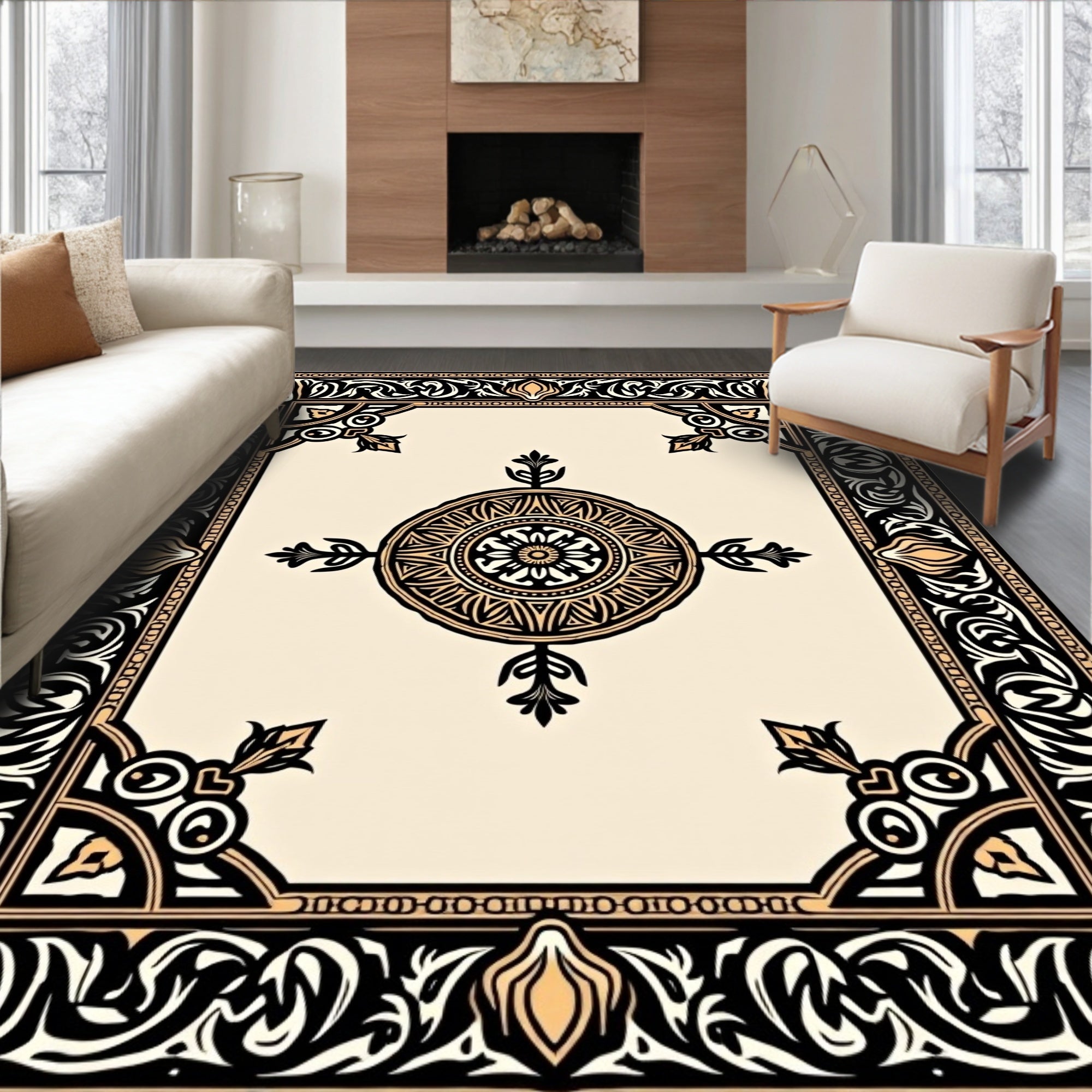 Ornate Black Gold Mandala Pattern Rug