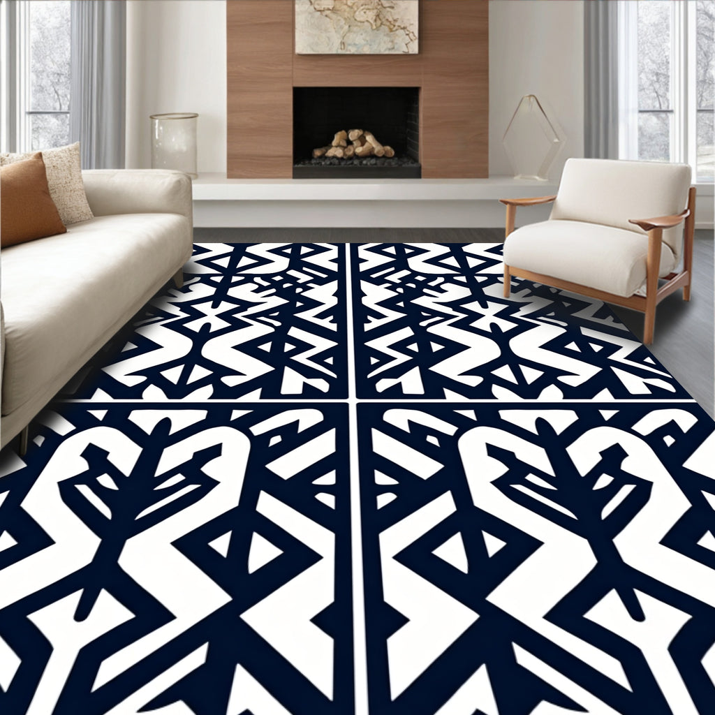 Black White Tribal Geometric Pattern Rug