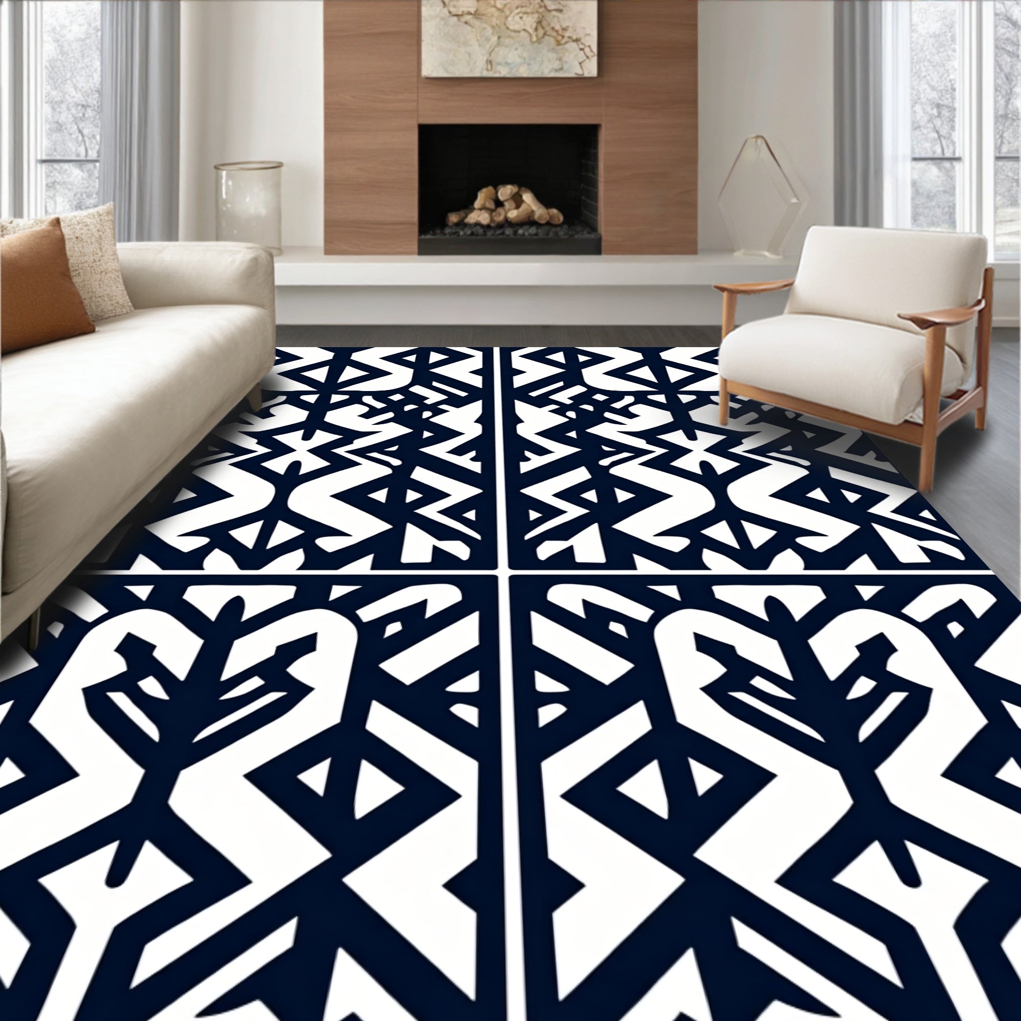 Black White Tribal Geometric Pattern Rug
