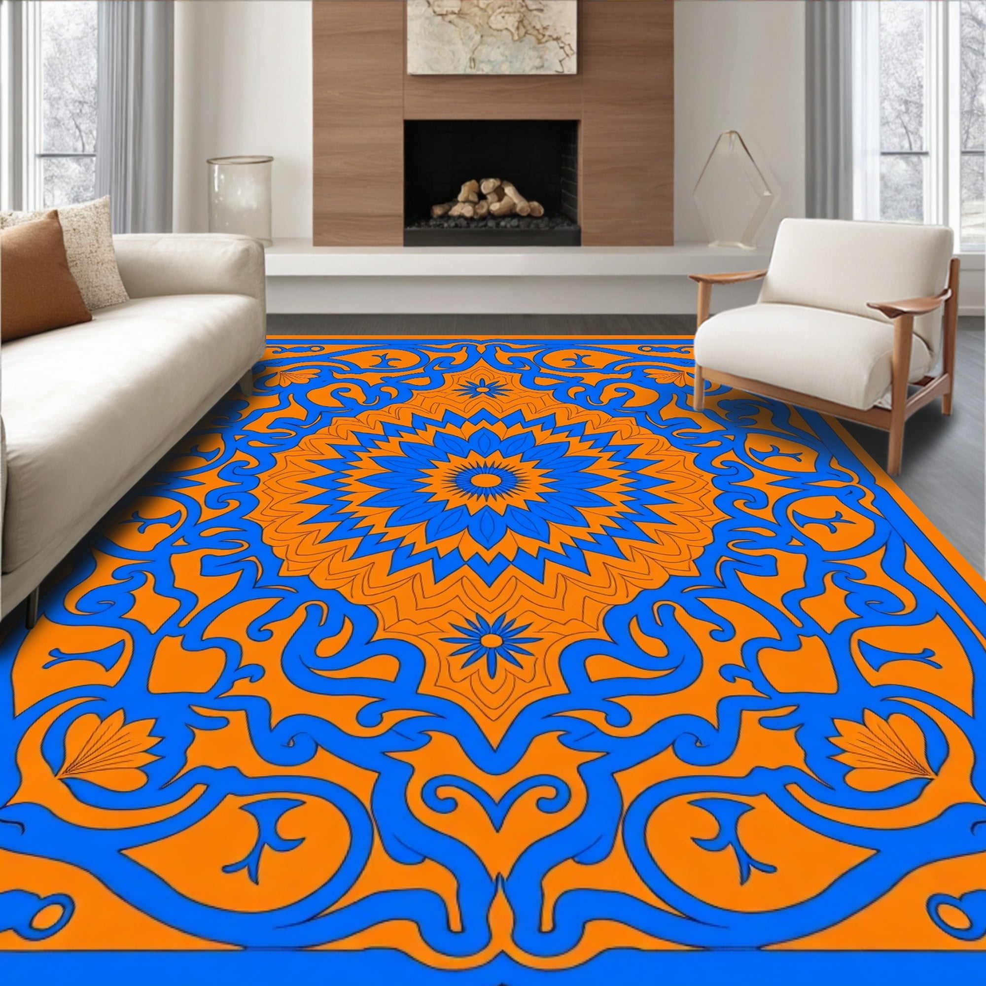 Bold Blue Floral Mandala Pattern Design Rug