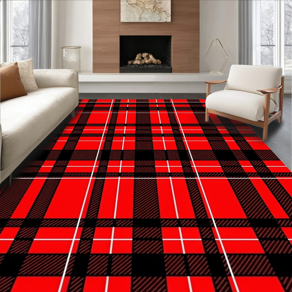 Classic Red Black Plaid Pattern Rug