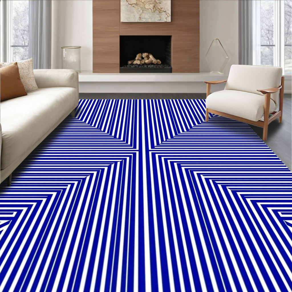 Cool Blue Geometric Line Stripe Design Rug