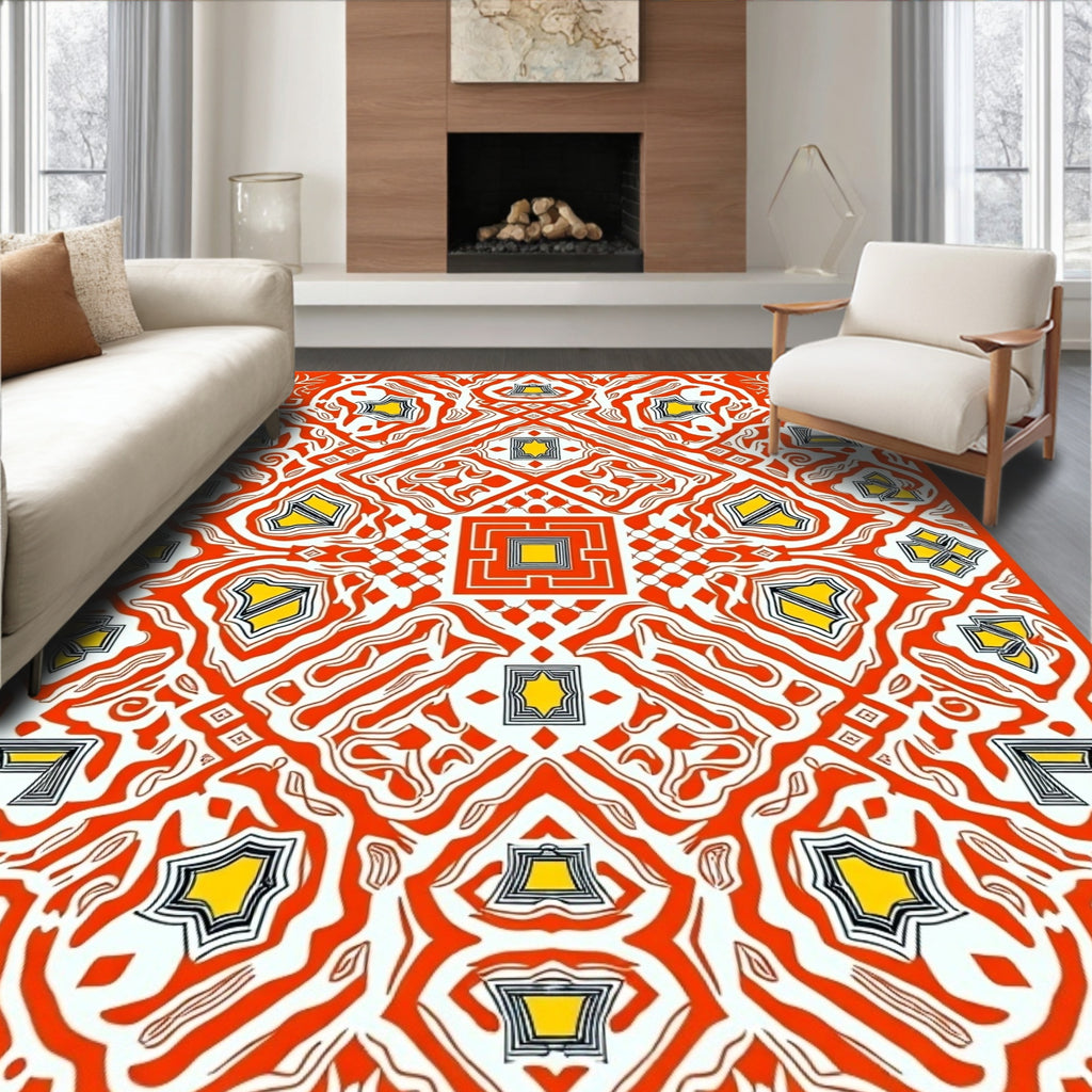 Geometric Mandala Style Orange and Yellow Rug