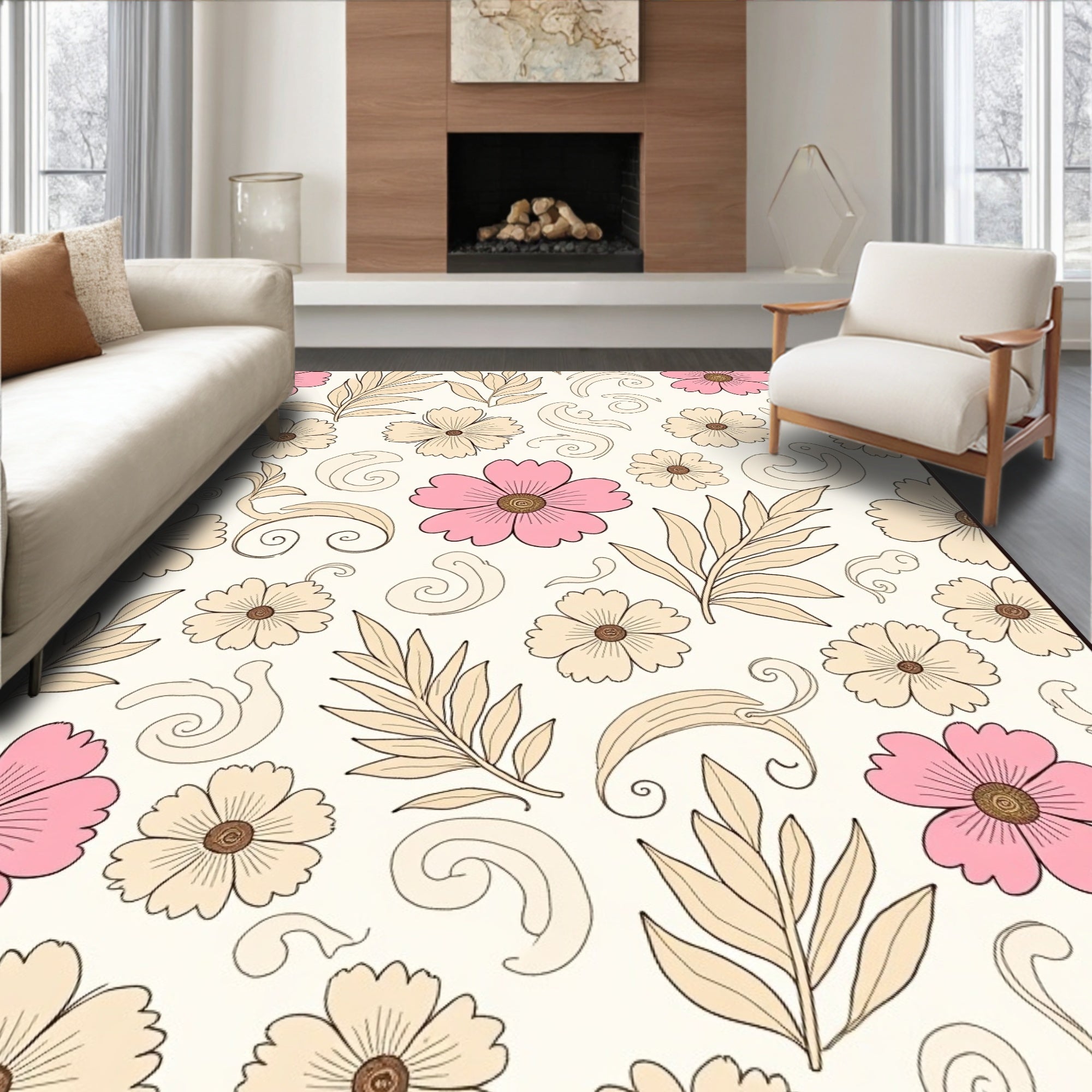 Pink Peach Floral Swirl Pattern Rug
