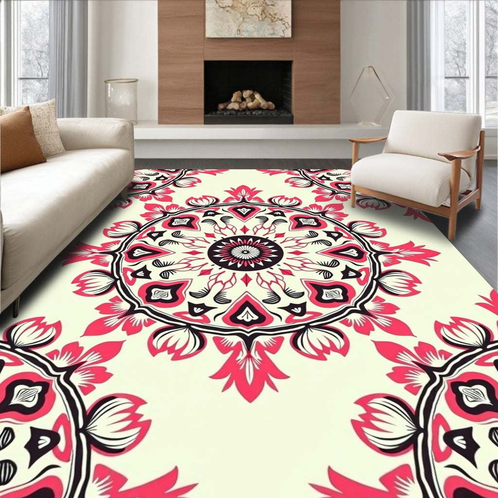 Circular Floral Design With Red Accents Rug